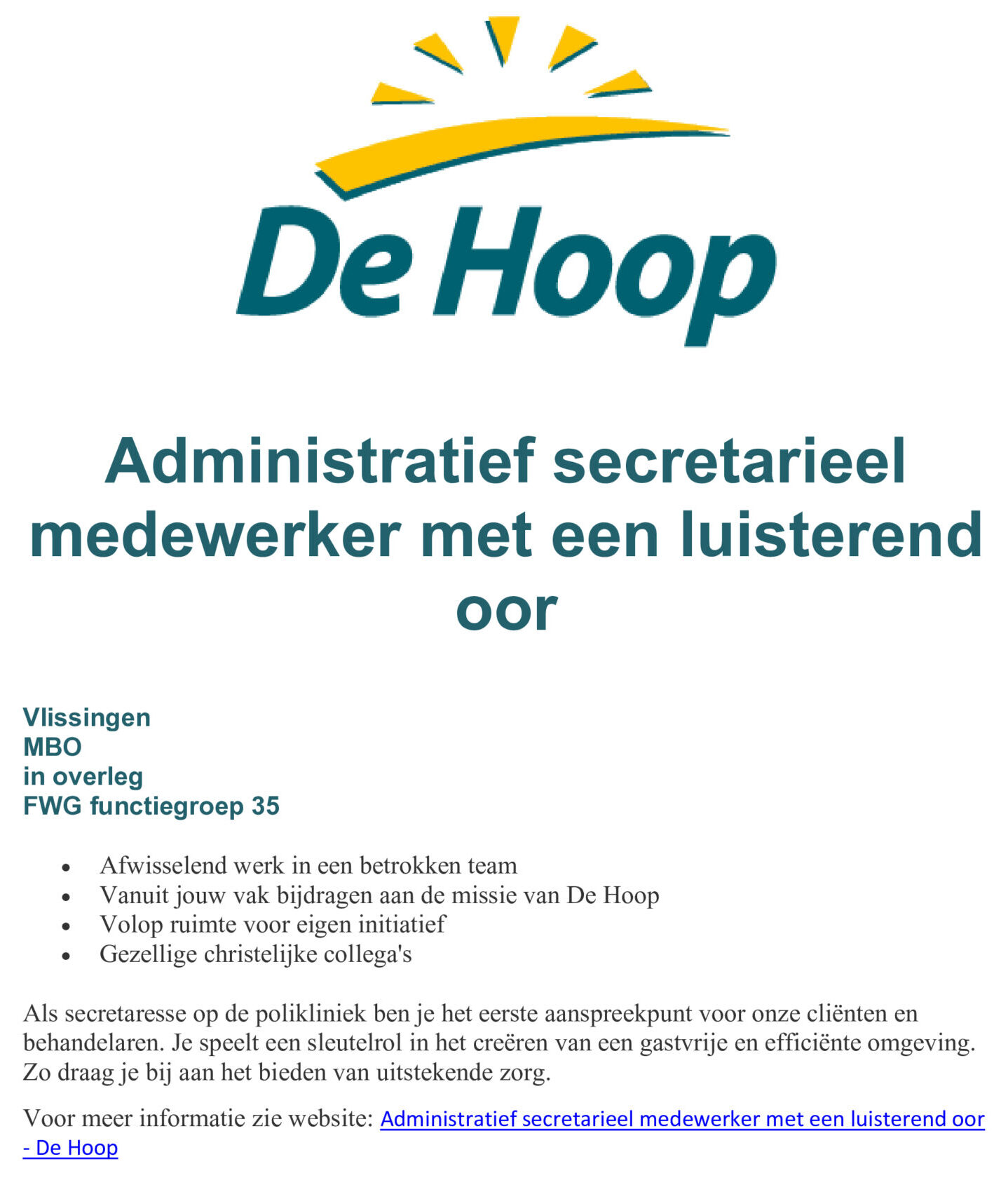 Vacature Receptie De Hoop GGZ