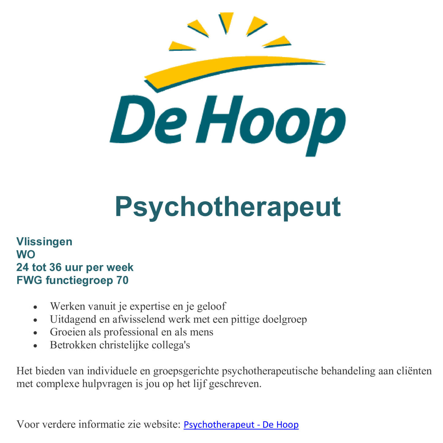 Vacature Psychotherapeut De Hoop GGZ
