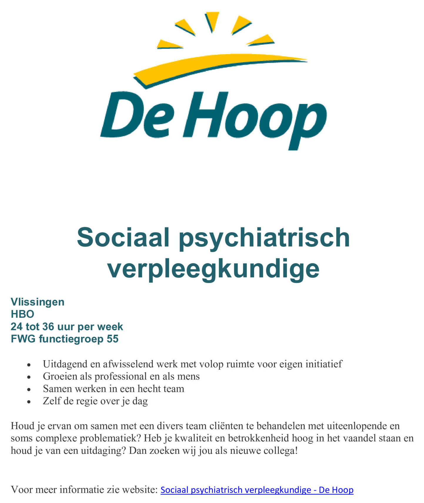 Vacature Sociaal Psychiatrisch Verpleegkundige De Hoop GGZ