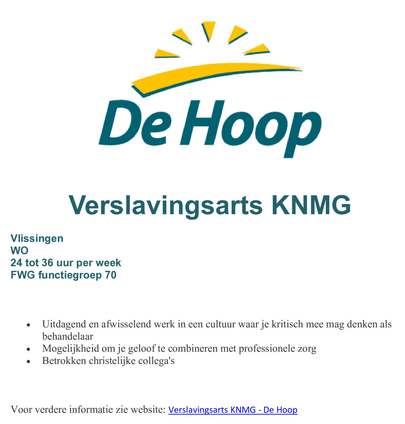 Vacature Verslavingsarts KNMG De Hoop GGZ